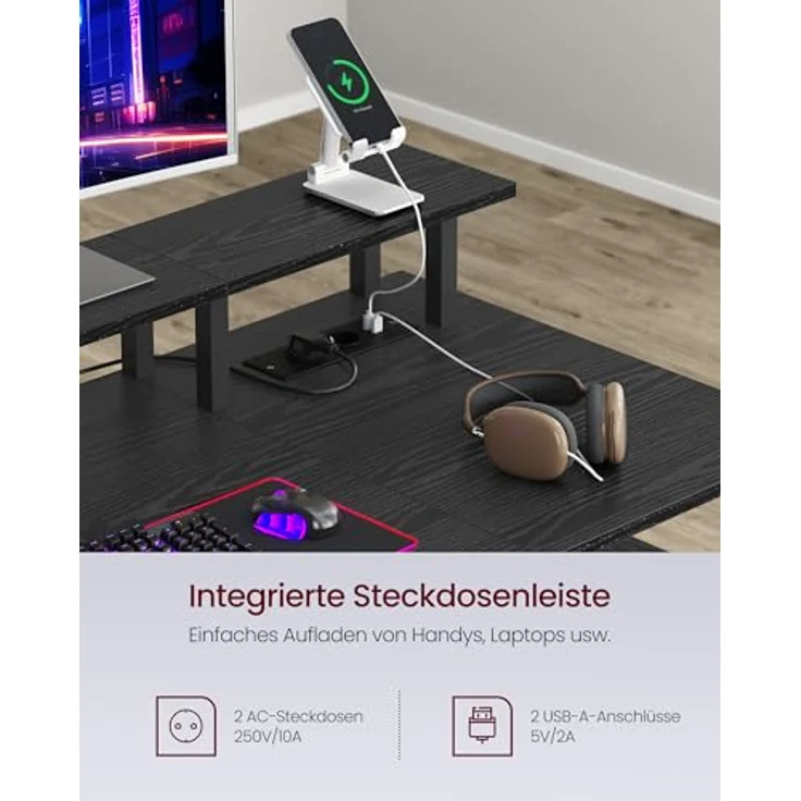 VASAGLE Gaming-Schreibtisch, mit Schubladen aus Stoff, Computertisch mit Bildschirmhalterung, Mehrfachsteckdose, 2 USB-Anschlüsse, für Heimbüro, 140x60 cm, Schwarz Holz LWD094B56V1 – Bild 4
