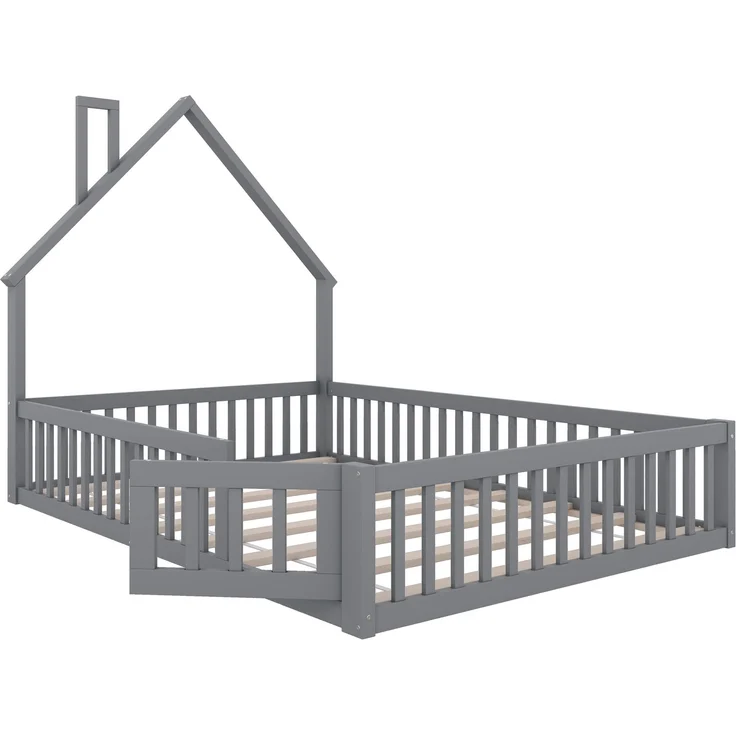 Kinderbett 140x200 cm mit Schornsteinform, Hausbett mit Sicherheitsgitter, Holzbett für Kinderzimmer, Jugendbett, Bettgestell,Grau – Bild 7