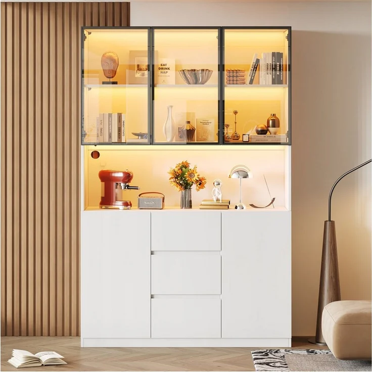 Celya Glasvitrine 120×40×200 cm, mit offenen Regalen undLED-beleuchtete (mit 3 Schubladen und 5 Türen) Ideal für Esszimmer, Wohnzimmer, Küche oder Arbeitszimmer – Bild 1