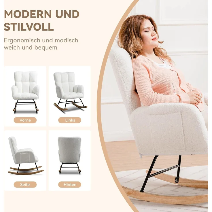 COMHOMA Schaukelstuhl, Relaxsessel mit Armlehnen, Ohrensessel aus Teddy-Plüsch Schaukelsessel, bis 150 kg belastbar, sonnenliege gartenliege für Schlafzimmer, Wohnzimmer, Stilvolles Design weiß – Bild 4