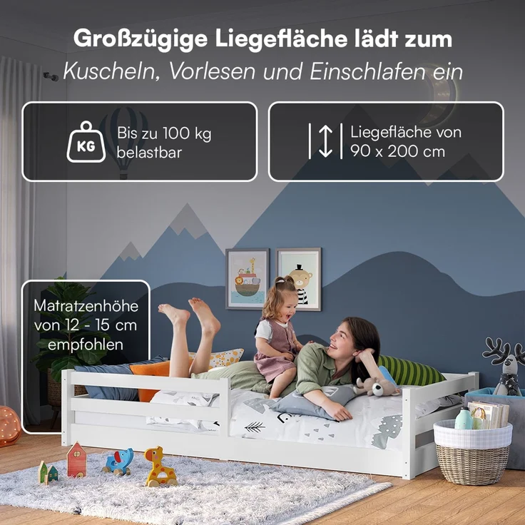 Bellabino 'Iskri' Bodenbett 90x200 cm, weiß, Massivholz Kiefer, Montessori Kinderbett mit Rausfallschutz und Lattenrost – Bild 5