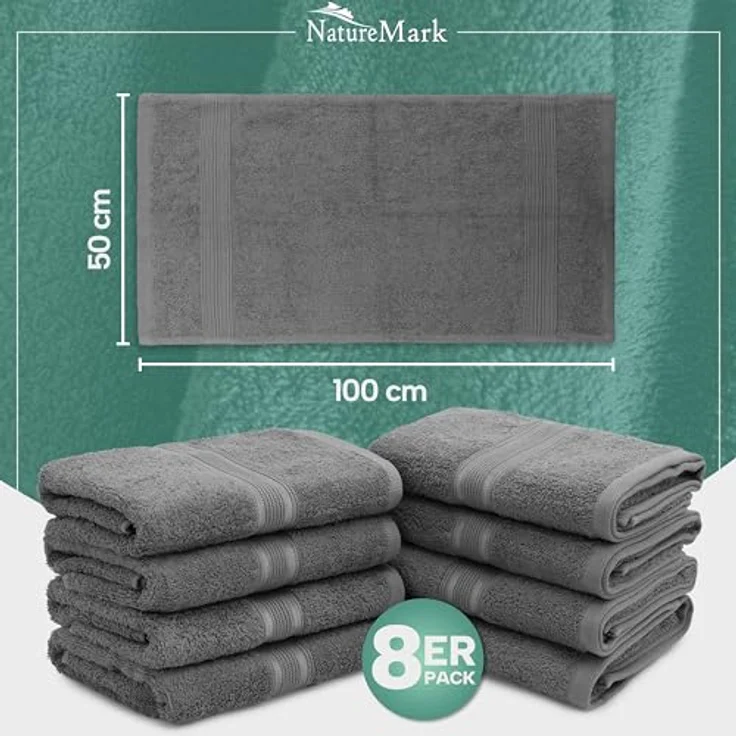 NatureMark 8er Pack Frottier Handtücher 50x100 cm, 100% Baumwolle, Anthrazit grau, 50x100 cm – Bild 5