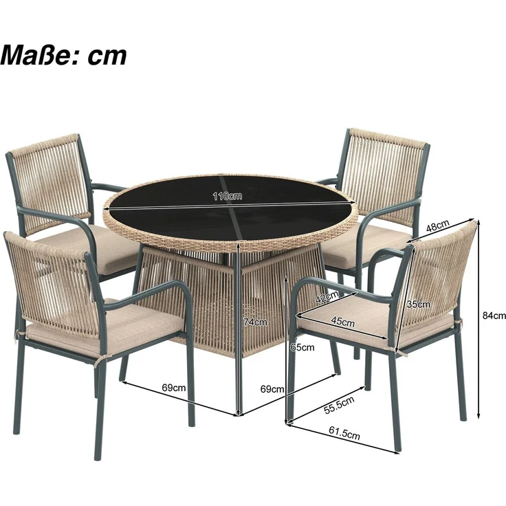 Gartenlounge-Set mit rundem Glastisch und 4 Stühlen, 5-teilig, Loungeset, Essgruppe für Garten – Bild 6