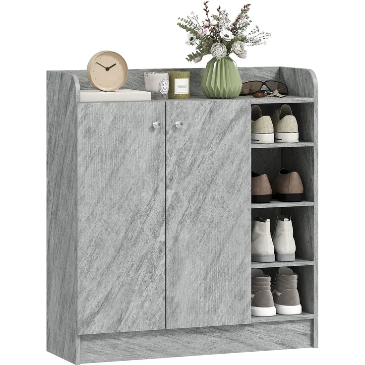 Schuhschrank, Platz für 12 Paar Schuhe, 2 Türen und 4 offene Fächer, für Flur oder Eingangsbereich, Grau--Grau--90x30x83cm--YOUDENOVA