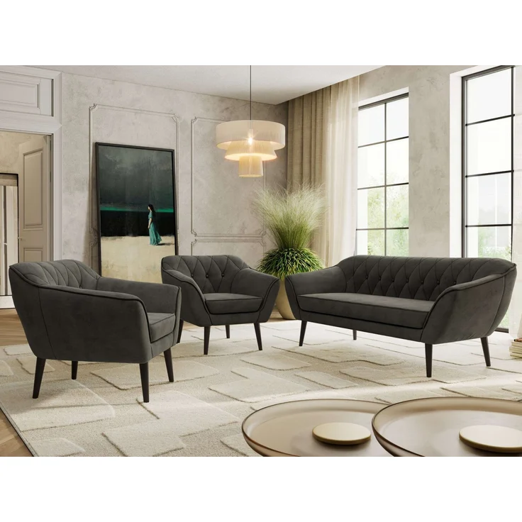 Wohnzimmerset PIRS 1-1-3, Skandinavisches 3-Sitzer Sofa mit Sesseln, Sofa mit Wellenfederung, schwarze Füße, Skandinavisches Möbelset - Dunkelgrau Velvet – Bild 4