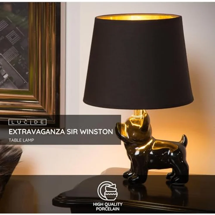 Lucide Sir Winston, Vintage Nachttischlampe mit Bulldoggen-Design und Leinenlampenschirm, 31,5 cm – Bild 3
