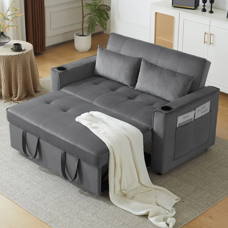 Schlafsofa Samt 3-in-1 verstellbar, 137 x 76.5 x 83 cm – Zweisitzer mit ausziehbarer Liege & Getränkehaltern – Bild 3