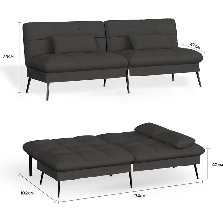 COMHOMA Sofa Schlafsofa mit Schlaffunktion, überzug Futon Klappsofa, Bettcouch, ecksofa, Couch Gästebett, 3-Sitzer Sofa, mit verstellbare Rückenlehne aus Stoff Schwarz – Bild 3