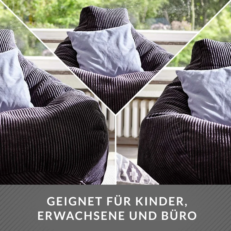 Green Bean® Sitzsack mit Rückenlehne 80x80x90cm - Gaming Chair mit 230L Füllung Cordstoff - Bean Bag Bodenkissen Lounge Sitzhocker Relax-Sessel Gamer Gamingstuhl Schwarz – Bild 3