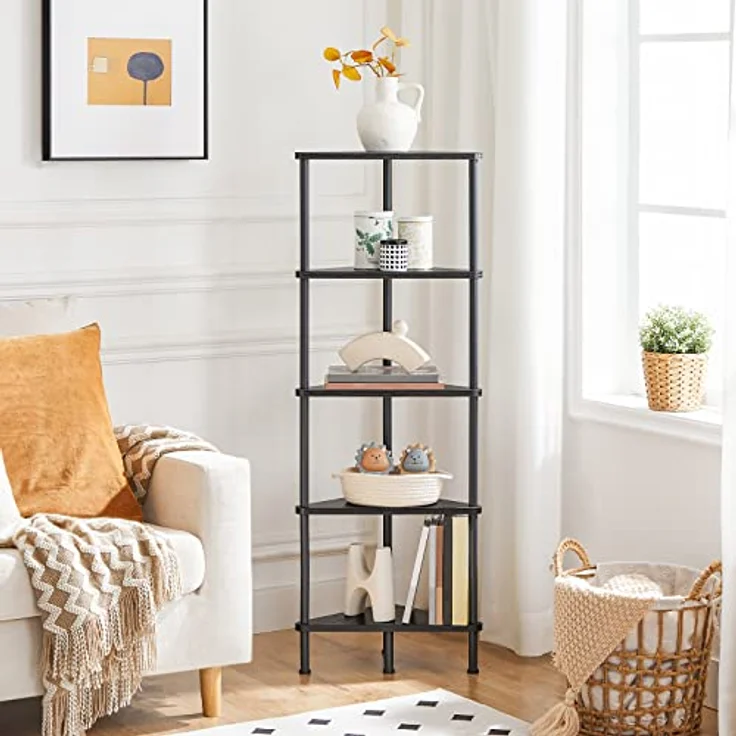 HOOBRO Eckregal mit 5 Ebenen, industrielles Eckregal Stehend, Bücherregal, Standregal, Eck-Bücherregal zur Präsentation von Pflanzenblumen, Aufbewahrungsregal für kleine Räume, Schwarz EBK33CJ01 – Bild 3