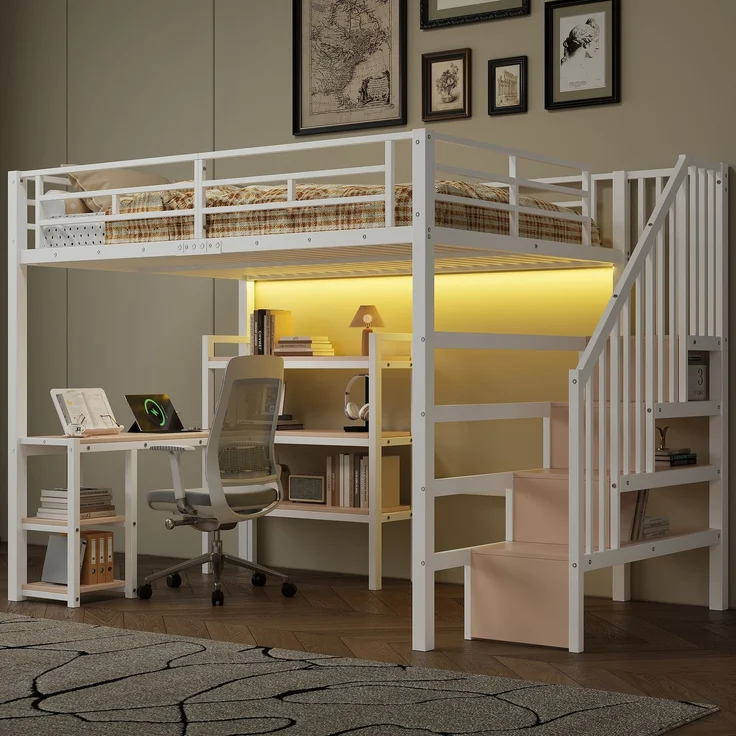 140x200 Metall-Hochbett mit Treppe, integriertem Schreibtisch, Staufächern, USB-Ladestation und LED-Licht, Weiß – Bild 5