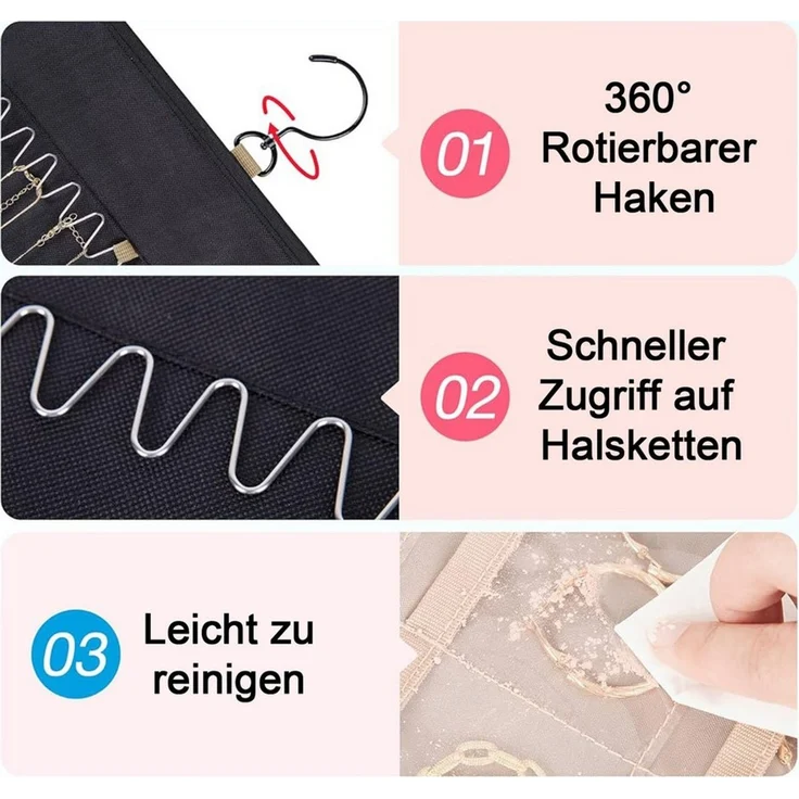 Mutig Schmuckständer Schmuck Organizer zum Aufhängen, Doppelseitige Schmuckaufbewahrung (Fächer und Taschen, Metallhaken, Schmuckhalter für Ohrringe, Halsketten, Ringe, Armbänder), Aufbewahrung an Schrank, Tür, Wand – Bild 4