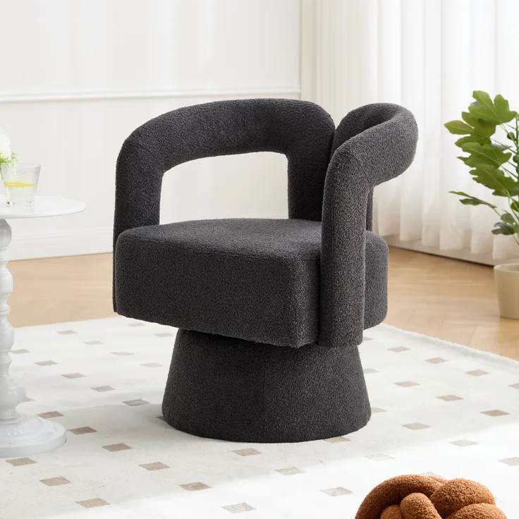 LVHOM Polsterstuhl 360° drehbar, Drehsessel Bouclé-Stoff, Loungesessel mit Armlehnen, Armlehnenstuhl Relaxsessel, Dunkelgrau