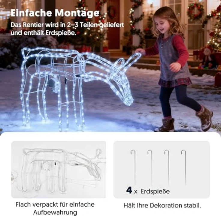 LEDYA Reindeer Beleuchtete Weihnachtsdekoration, 192 LEDs Kaltweiß, Groß 53 cm LED Rentier Weihnachtsbeleuchtung, Innen/Außen Weihnachtshirsch mit Timer, Netzbetrieben, für Haus, Hof, Garten, Veranda – Bild 6