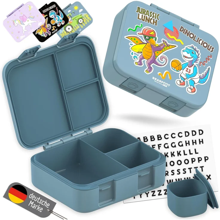 BEARFOOT Lunchbox Brotdose mit Fächern, auslaufsicher - Dinos blau 1.000ml, PP, ABS, Silikon, Kindergarten und Schule - Mädchen und Jungen, Vesperbox, Snackbox