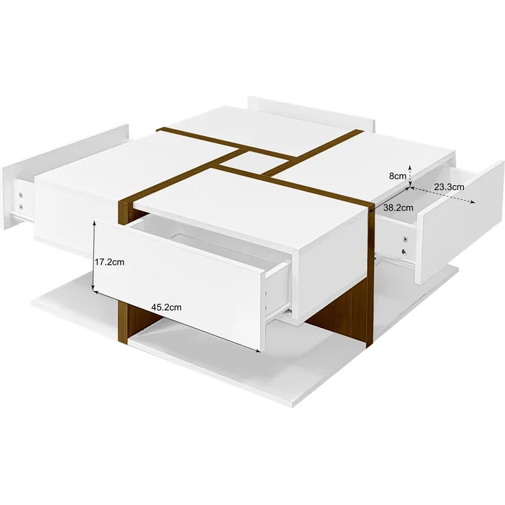 Couchtisch Hochglanz Quadratisch mit 4 Schubladen in Weiß/Holzfarbe - 78x78x34,8 cm – Bild 8