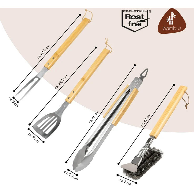 eluno Grillbesteck 4er-Set, Edelstahl und Bambus – Bild 7