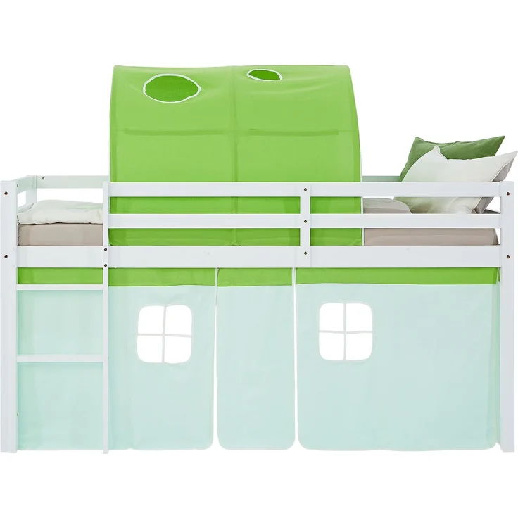 Hochbett Kinder 90x200 cm mit Lattenrost Kinderbett Kinderhochbett Stockbett Tunnel Vorhang Grün Holz Massiv – Bild 9