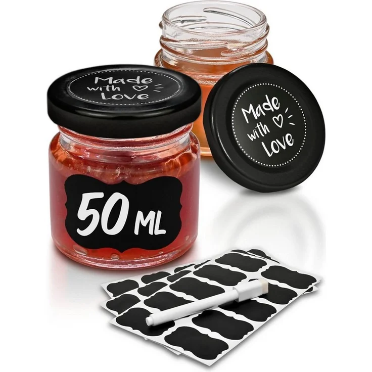 Praknu Einmachglas 24 Kleine Gläser mit Deckel, Mini Marmeladengläser, 50 ml, Etiketten, Glas, Metalldeckel, (24er-Set Mini-Einmachgläser, 24-tlg, 24 Einkochgläser, 24 Etiketten, Stift zum Beschriften), Schraubgläser mit Schraubverschluss, luftdicht, s... – Bild 1
