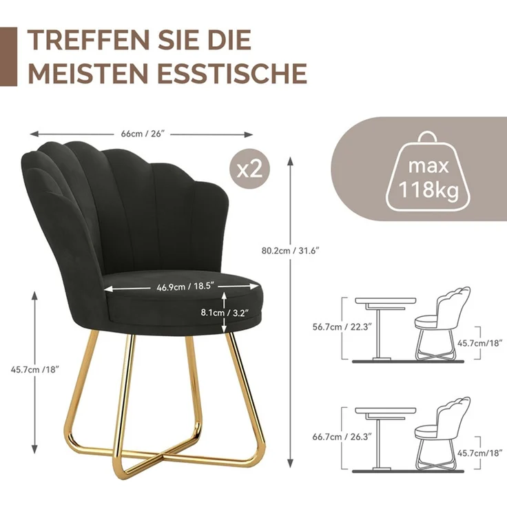 Hawthyhome Polsterstuhl Polstersessel 2er Set mit Blütenblatt-Rückenlehne, hohe Rückenlehne mit Kopfstütze, gepolsterte Armlehnen, Wasserfall-Sitzkissen, SGS-zertifiziert, vielseitig für Esszimmer, Schminktisch & Wohnzimmer, Schwarz – Bild 2