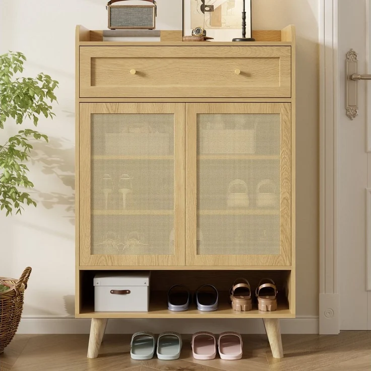 Flieks Schuhschrank mit 1 Schubladen, 2 Türen aus Rattan und verstellbarer Einlegeböden (1-St, 80x35x105 cm) Schuhkommode Mehrzweckschrank Sideboard mit 4 Fächern Natur – Bild 3