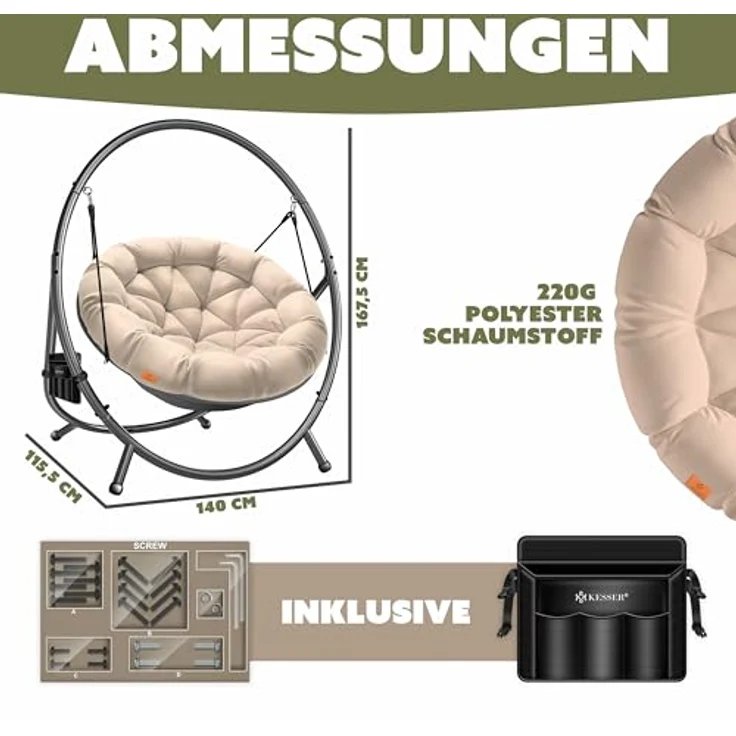 KESSER® Hängesessel mit Gestell BALI Hängeschaukel Hängestuhl bis 150kg für Indoor und Outdoor + Kissen & Seitentasche Hängekorb Stahlgestell & Schaumstoff Sitzpolster ideal für Wohnzimmer & Garten Beige – Bild 9
