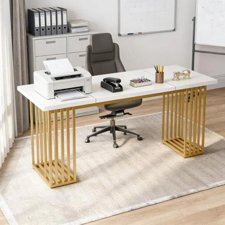 Klassischer Bürotisch,Eleganter Executive-Schreibtisch,Funktioneller Computer-Schreibtisch(nur Schreibtisch)--Gold + Weiß--180x79x79cm--YOUDENOVA – Bild 5