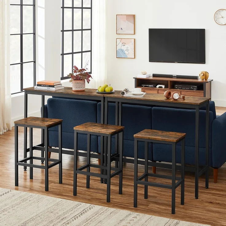 Vasagle Essgruppe, Bartisch-Set, Stehtisch (100 x 40 x 90 cm) mit 2 Barhockern (je 30 x 40 x 65 cm), Metallgestell, Industrie-Design, für Esszimmer, Wohnzimmer, vintagebraun-schwarz – Bild 4