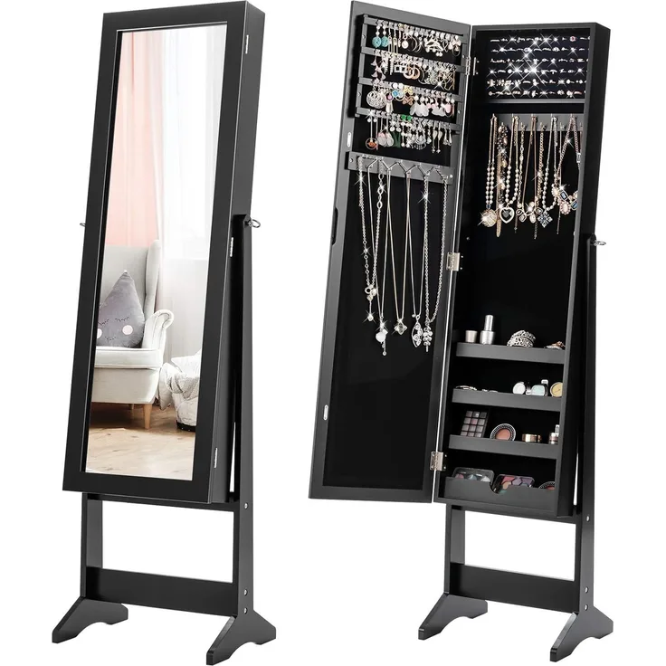 COSTWAY Schmuckschrank neigungsverstellbar, Schmuckregal mit Ganzk?rperspiegel, Schmuck Spiegelschrank Schwarz