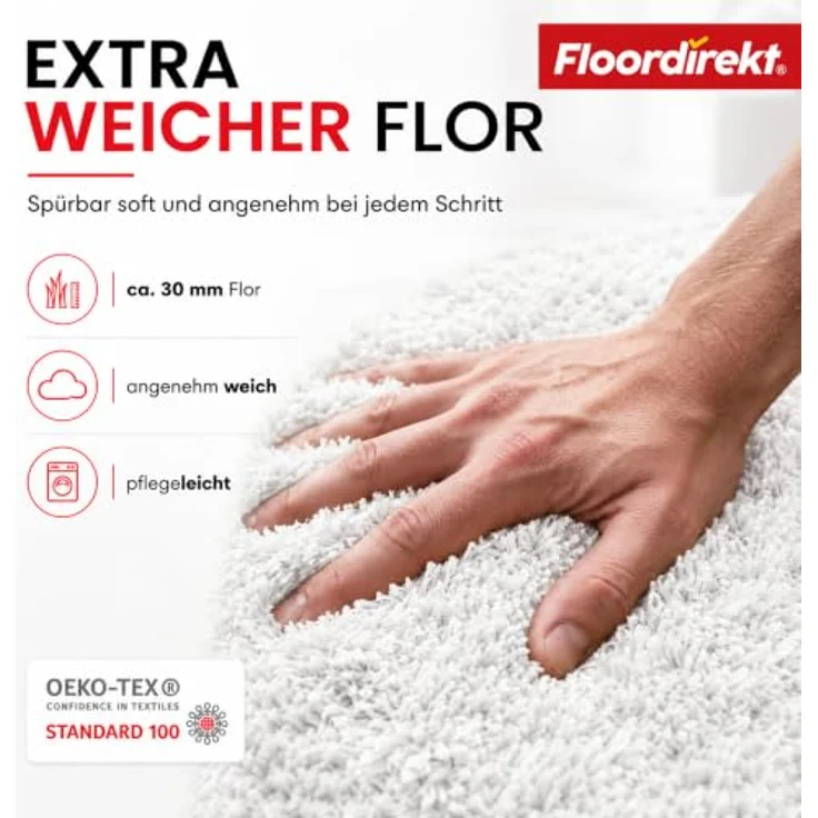 Floordirekt Badematte Sky, Hochflor Badezimmerteppich, rutschhemmend & schnelltrocknend, geeignet für Fußbodenheizung, 70 x 120 cm, Weiß – Bild 3