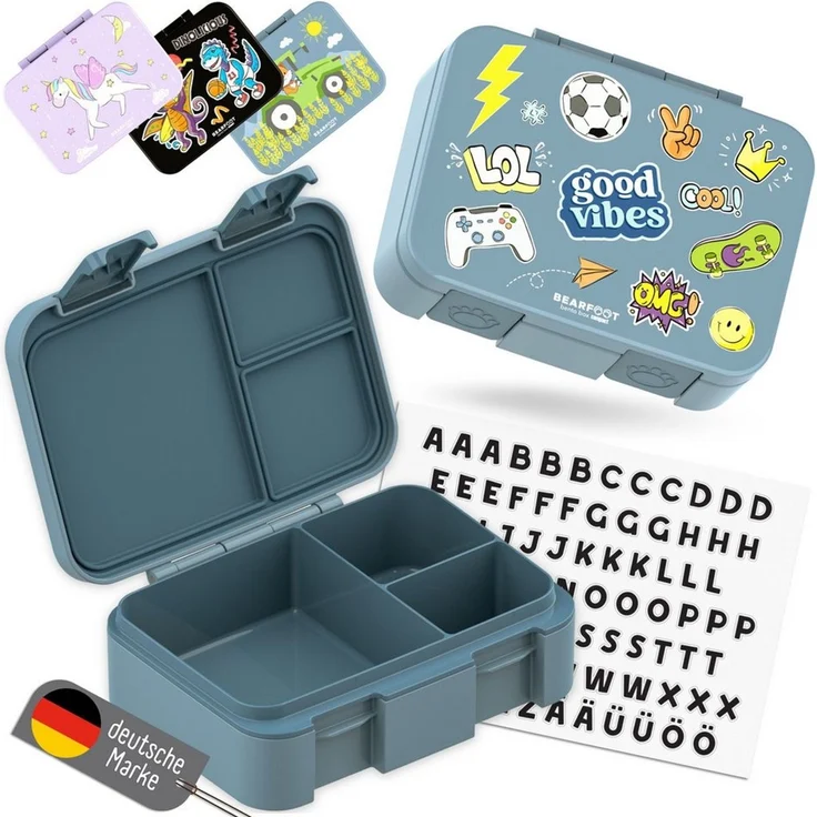 BEARFOOT Lunchbox Brotdose mit Fächern, auslaufsicher - Sticker blau 650ml, PP, ABS, Silikon, Kindergarten und Schule - Mädchen und Jungen, Vesperbox, Snackbox – Bild 1