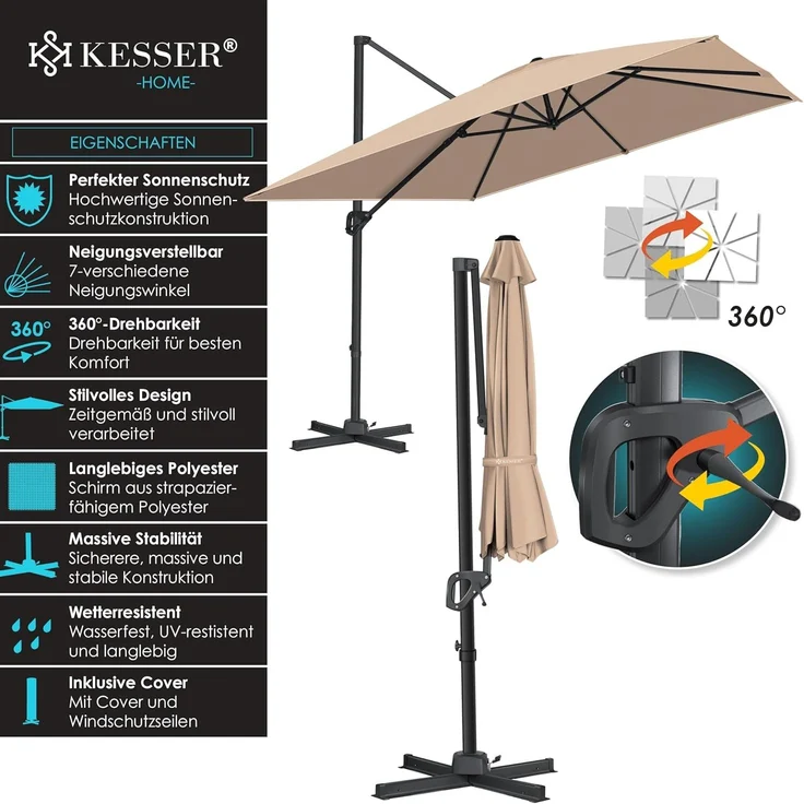 KESSER® Sonnenschirm Ampelschirm Sun XL 300x300 cm Inkl. Abdeckung +Windsicherung Drehbar Neigbar Kippbar Marktschirm Groß 360° Rotation, Gartenschirm mit Kurbel Sonnenschutz UV50+, Taupe – Bild 2