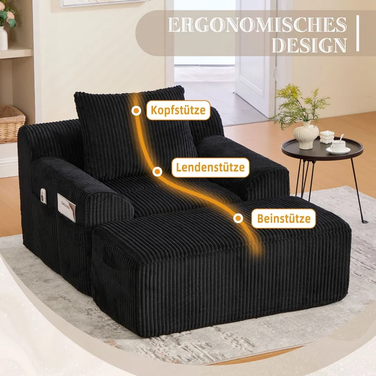 Sessel Cord mit Fußhocker, 147 x 110 x 67 cm,Relaxsessel mit Stauraumtaschen & Federkern, kein Aufbau,Schwarz – Bild 6