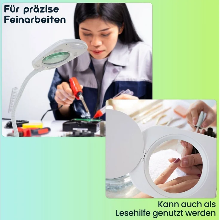 Casativo Lupenlampe LED-Lupenleuchte (5x Vergrößerung) mit Klemme & flexiblem Gelenkarm, 4x3 LEDs für eine gleichmässige Ausleuchtung – Bild 4