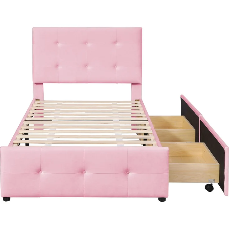 Merax Polsterbett 90 x 200 cm Bett mit Lattenrost, Rückenlehne und zwei Schubladen, hautfreundlicher Samtstoff Beige flaches Gästebett (Rosa) – Bild 2