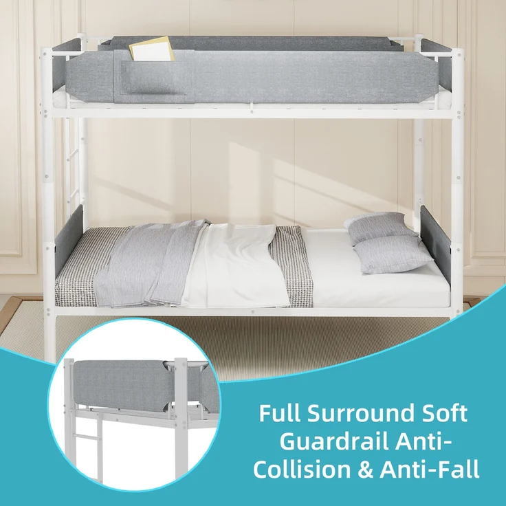 EINHOM Langlebiges Metall-Etagenbett mit abnehmbaren Schutzgeländern aus Leinenstoff, umbaubar zu zwei Einzelbetten, platzsparendes Design für Kinder und Erwachsene, Größe 90x190cm, erhältlich in Weiß (Ohne Matratze) – Bild 7
