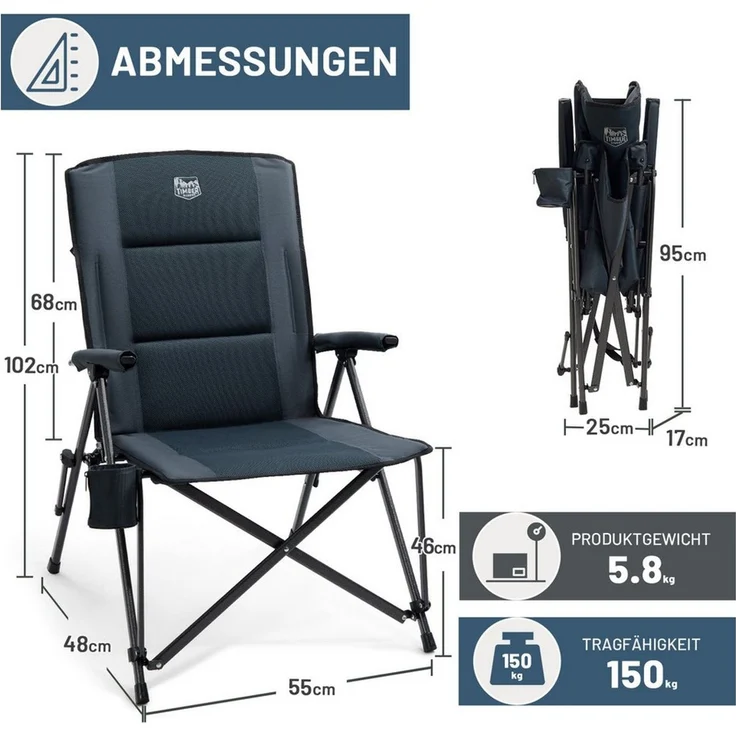 TIMBER RIDGE Campingstuhl Faltbar Breiter Sitz 55cm Leicht Klappstuhl 150kg Belastbar (1 St), 55×48×102cm, schwarz – Bild 3
