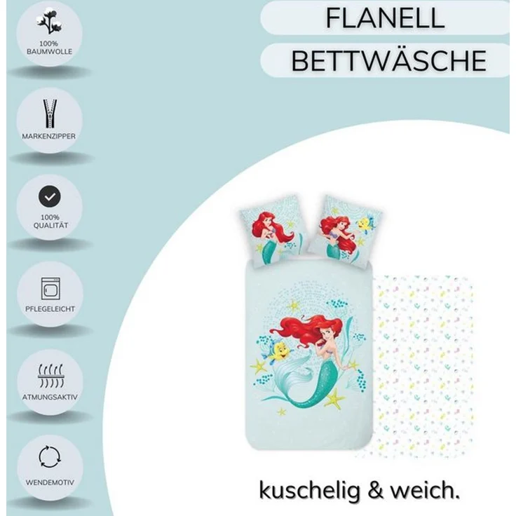 MTOnlinehandel Kinderbettwäsche Disney Arielle Meerjungfrau, Flanell, Biber, 2 teilig, Disney's Mermaid Prinzessin Mädchen-Bettwäsche – Bild 4
