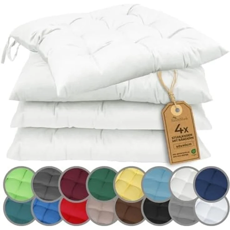 NatureMark 4er Set Stuhlkissen mit Bändern Gr. 40x40 cm Sitzkissen gefüllt, Natur/Crème – Bild 1