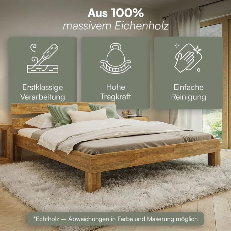 skølm 'Floki' Bett 200x200 cm, Bettgestell, natur geölt, Massivholzbett aus Eiche, Doppelbett mit Bettkopf – Bild 5