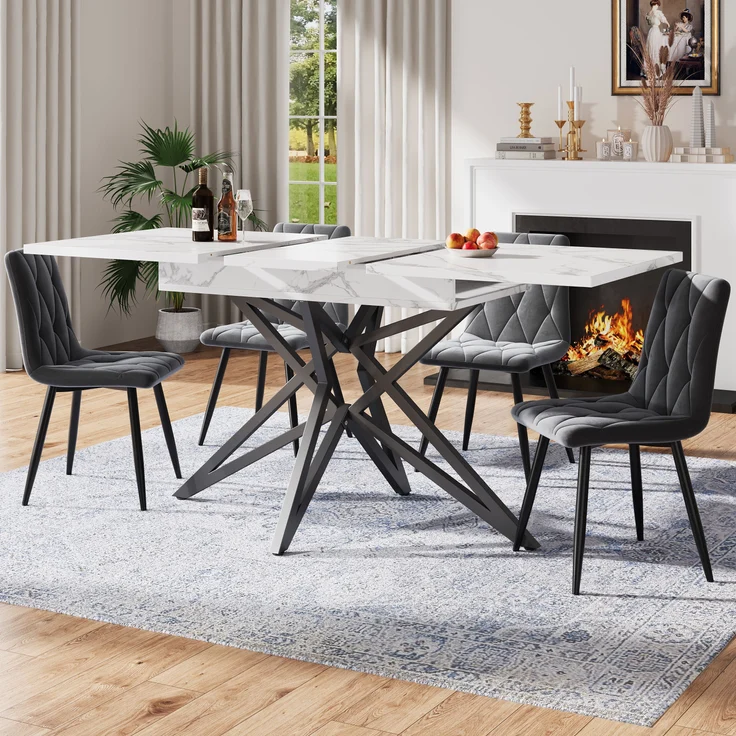 Ausziehbarer Esstisch, ausziehbarer Küchentisch, Frühstückstisch, sternförmige Tischbeine, Eisenbeine, Walnussholz/Marmorimitat, Schwarz, 120 (160) x 80 cm – Bild 2