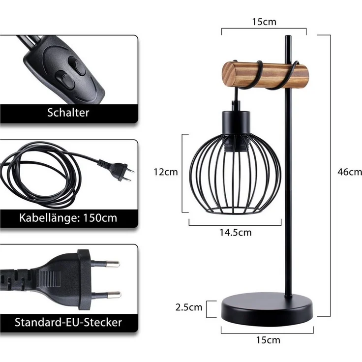 Nettlife Tischleuchte Vintage Industrie Metall Holz Schwarz E27 50cm Retro Nachttischleuchte, mit Kippschalter, LED wechselbar, ohne Leuchtmittel, Wohnzimmer Schlafzimmer Kinderzimmer Esszimmer – Bild 2