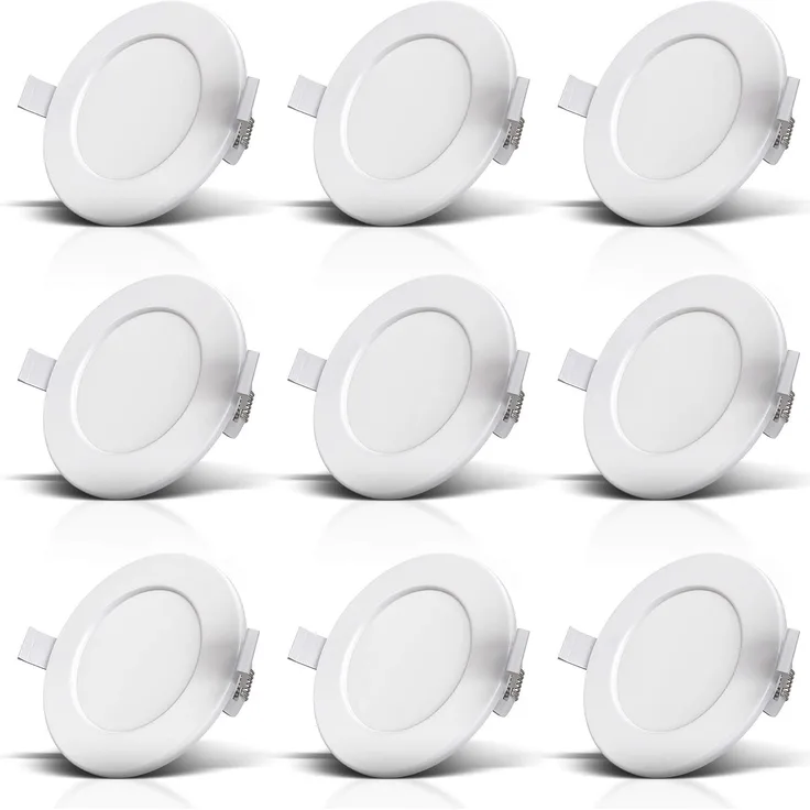 B.K.Licht LED Einbaustrahler Bad Einbauleuchten 9er Set Ultra-flach Ø115x30mm 230V Weiß - BKL1274, LED fest integriert, Warmweiß, 9 Badezimmer-Einbausprots Decke IP44 230V 6W 450 Lumen 3000K Warmweiß