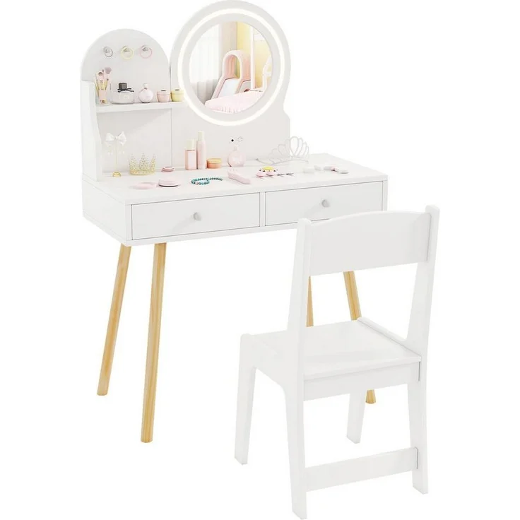 COSTWAY Schminktisch, Kinder Schminktisch mit LED-Beleuchtung, Holz – Bild 5