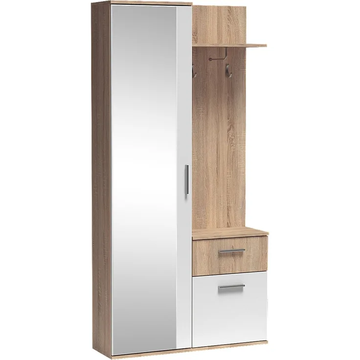 MEBLINI Garderobenschrank LUXOR 97cm - Sonoma Eiche/Weiß - mit Spiegel - 97x30x195cm R/L - Garderobe Schrank - Flurgarderobe schmal - Garderobe Flur Möbel Set - Flurschrank hoch