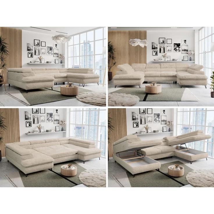 Ecksofa U-Form, mit Bettkasten, Bettfunktion und Einstellbare Kopfstützen, Sofa big XXL - PETER U - Creme Plüsch – Bild 2