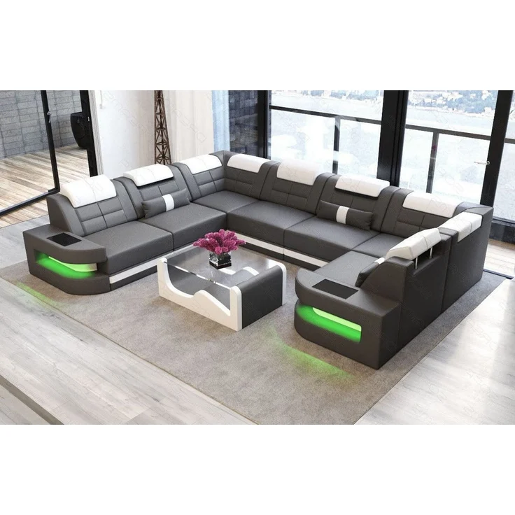 Mini Wohnlandschaft Como U Form - Ledermix - grau-weiß - Links – Bild 2
