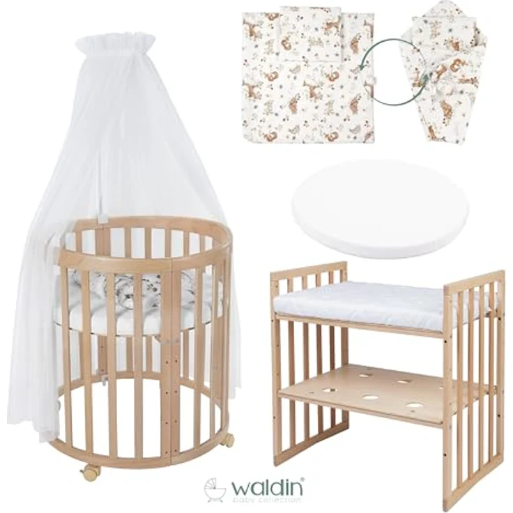 Waldin Oval Baby-Bett Mitwachsend Komplett Set 7in1, Gitterbett, Kinderbett mit Matratze, Wickelkommode, Beistellbett, Holz Natur, Stoffe Weiß Tiere – Bild 3