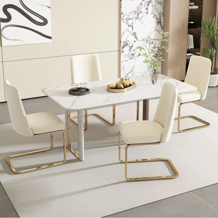 Esszimmerstuhl 2er-Set 88×52×45 cm – Samt in Beige mit diamantförmiger Rückenlehne und Metallbeinen – Bild 5