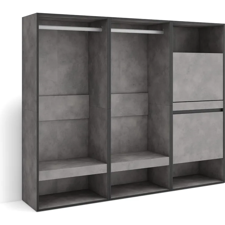 Skraut Home | Offener Kleiderschrank | Kleidung, Schuhe | 180 x 145 x 35 cm | Für Schlafzimmer, Zimmer | Schuhschrank | Moderner Stil | Zement